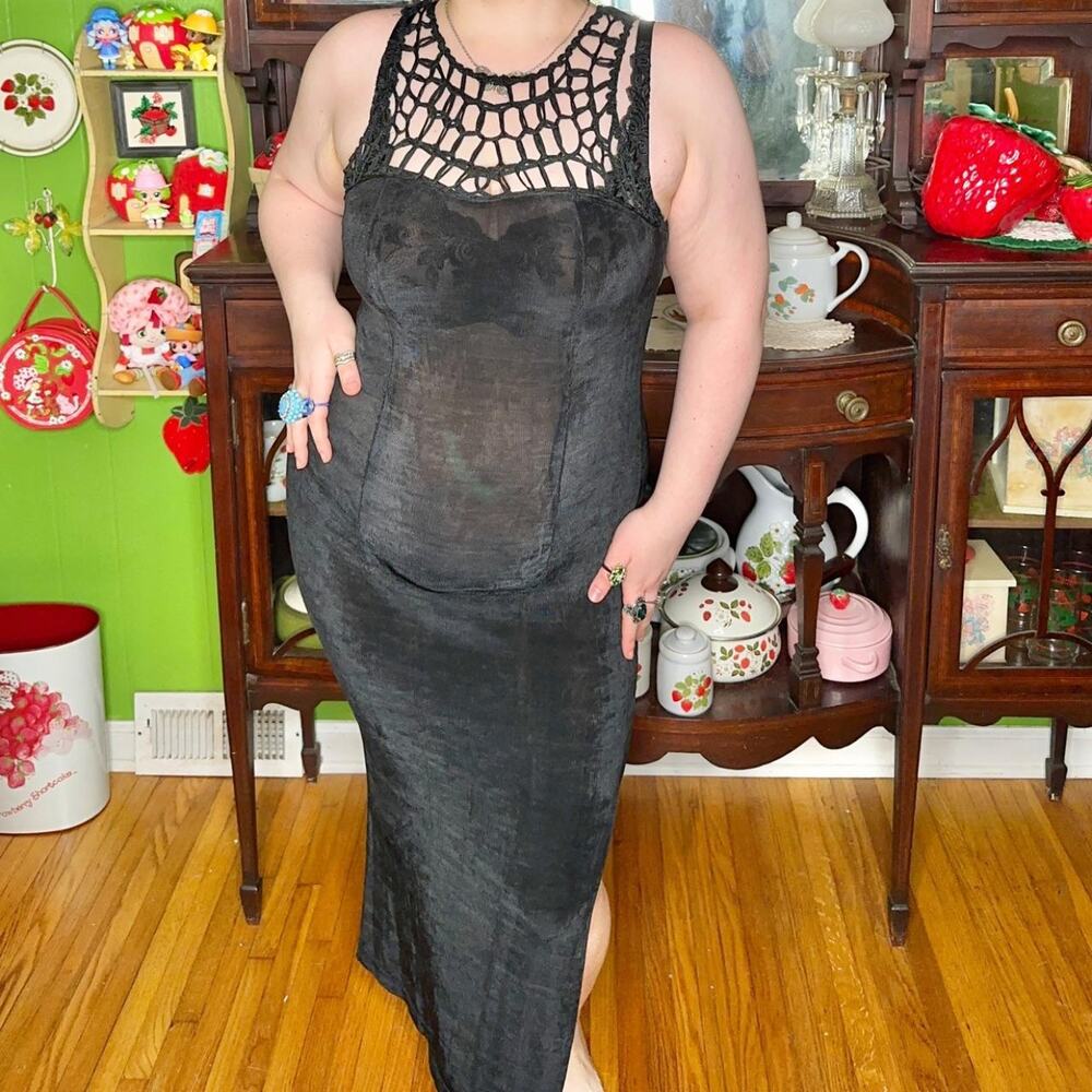 Vintage Malibu New York semi sheer webbed chest bodycon slinky maxi dress!